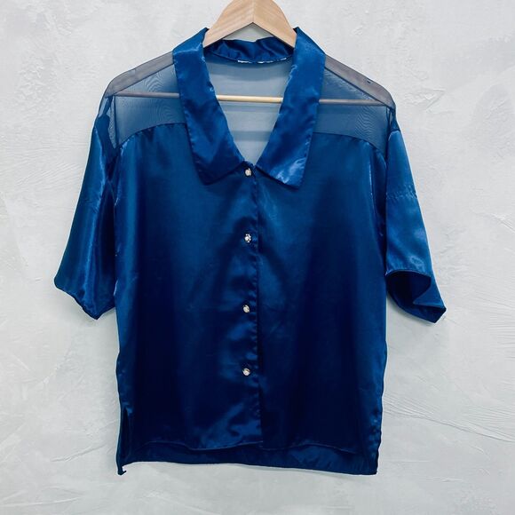 Sapphire Blue Satin & Sheer Blouse XL Womens Vintage Blouse Deep Ocean Blue VTG - Picture 1 of 16
